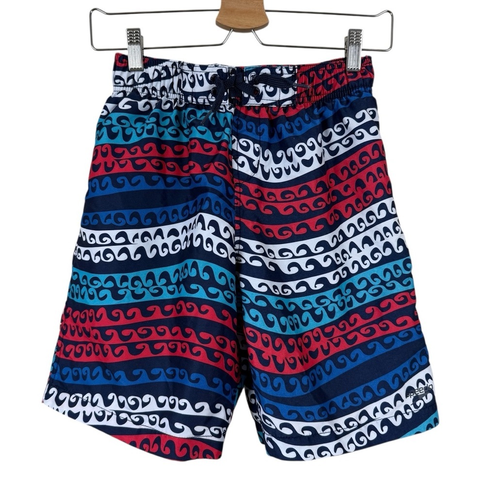 Speedo Boys Red White Blue Retro Wave Pattern Swim Trunks Board Shorts Size XL